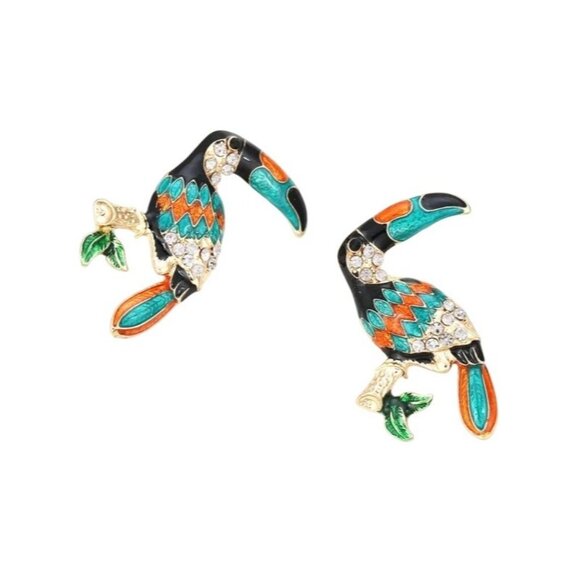 2/$24 Toucan Bird Crystal & Enamel Stud Earrings Gold-Tone Vibrant Multicolor - Picture 3 of 8